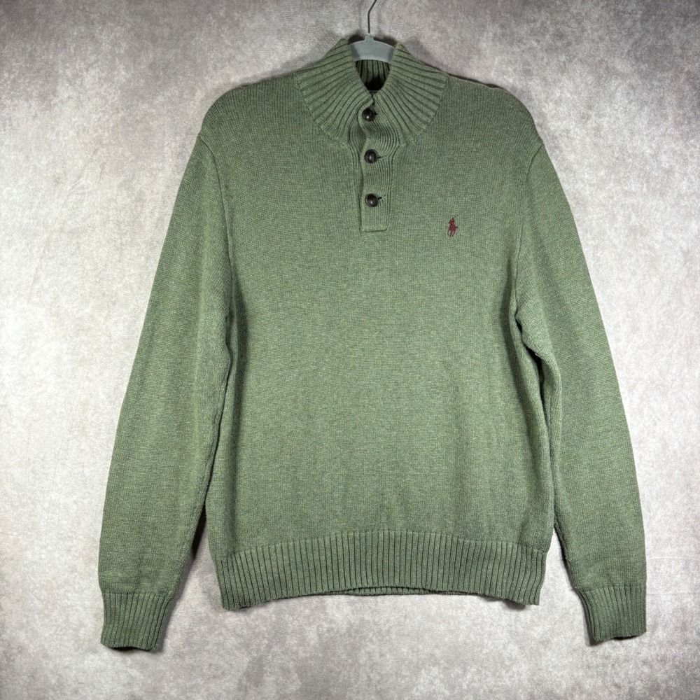 Polo Ralph Lauren Sweater Men Medium Green Button Mock Neck Cotton Knit Pullover